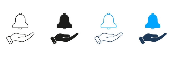 Hand Holding Bell Line And Solid Icon Set. Notification Management And Alert Handling Outline And Silhouette Symbol Collection. Reminder And Attention Concept. Isolated Vector Illustration