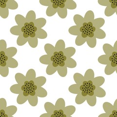Cute olive green floral pattern with simple abstract flowers and black dotted centers. Minimal and modern design, perfect for fabric, wrapping paper, and digital backgrounds.