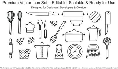Black and white line art kitchen utensil icons cooking