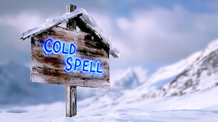 Cold spell concept with a glowing neon sign on a snow-covered wooden post in a remote mountain landscape, symbolizing extreme winter weather.