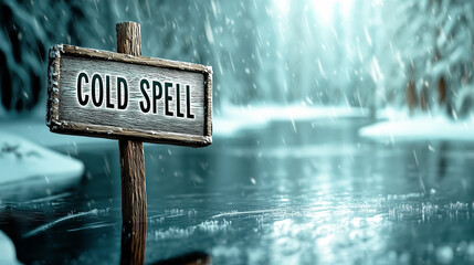 Cold spell sign in a snowy winter landscape with a frozen river, a concept for extreme weather, blizzards, and freezing temperatures.