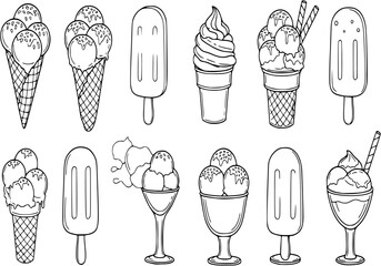 Ice cream silhouette clipart set. Ice cream icon clip art collection in cone, cup, popsicle stick and glass elements vector illustration sweet dessert outline