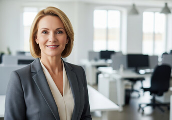 Confident Smiling Businesswoman with Crossed Arms in Office Lobby