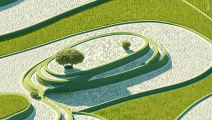 Terraced rice paddies, vibrant green and white