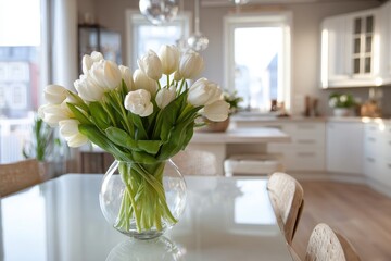 Small Dining Room. Scandinavian Style Kitchen with Tulip Bouquet on White Dining Table