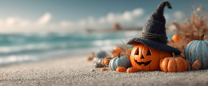 Jack-o'-lantern wearing a witch's hat and other pumpkins on the beach under a soft blue sky.