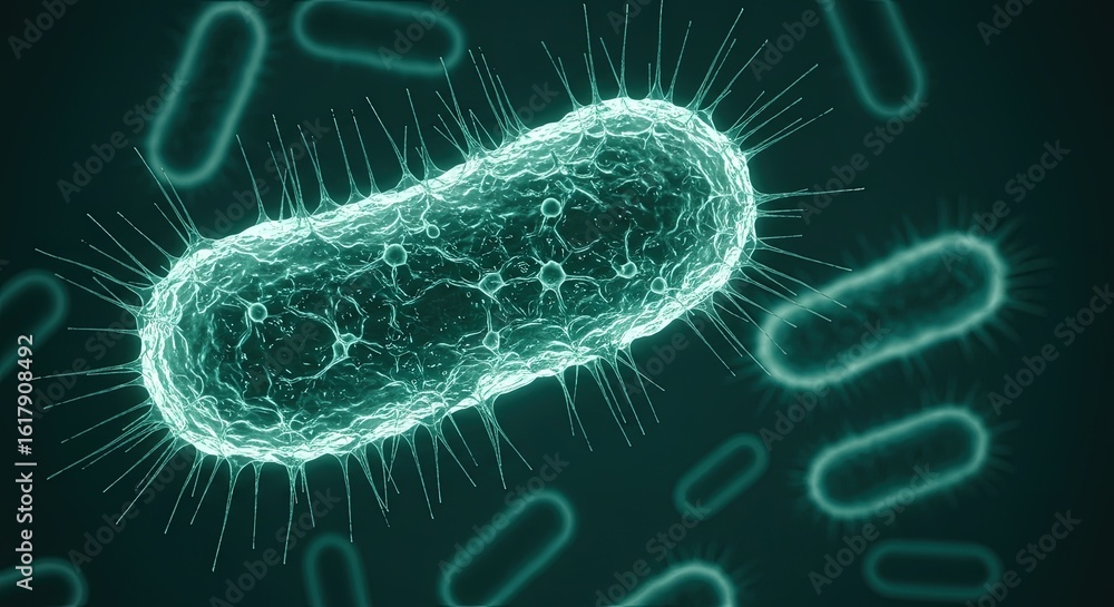 Aufkleber a closeup 3d render of a single bioluminescent bacterium with numerous flagella and internal structu