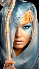Fantasy portrait of a beautiful sorceress with blue eyes and an ornate headdress, holding a mystical staff.