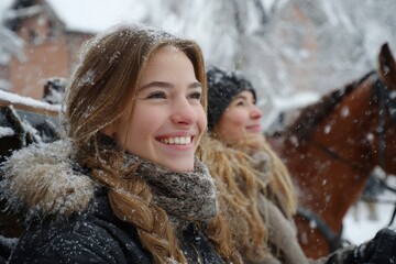 Smiling Friends Riding on Horse-Drawn Sleigh on a Sunny Day