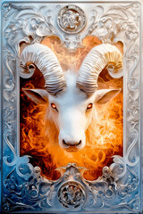 Fantasy illustration of a mystical ram with glowing eyes and a fiery background, set within an ornate silver frame, symbolizing power and magic.