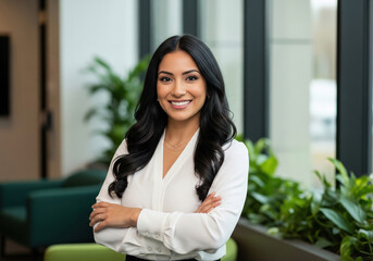 Confident Smiling Businesswoman with Crossed Arms in Office Lobby