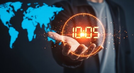 Businessman holding a glowing digital clock with a world map overlay representing global time and technology