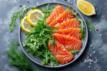 Smoked Salmon Plate Top View. Arugula and Colourful Salmon Dish on Marble Background