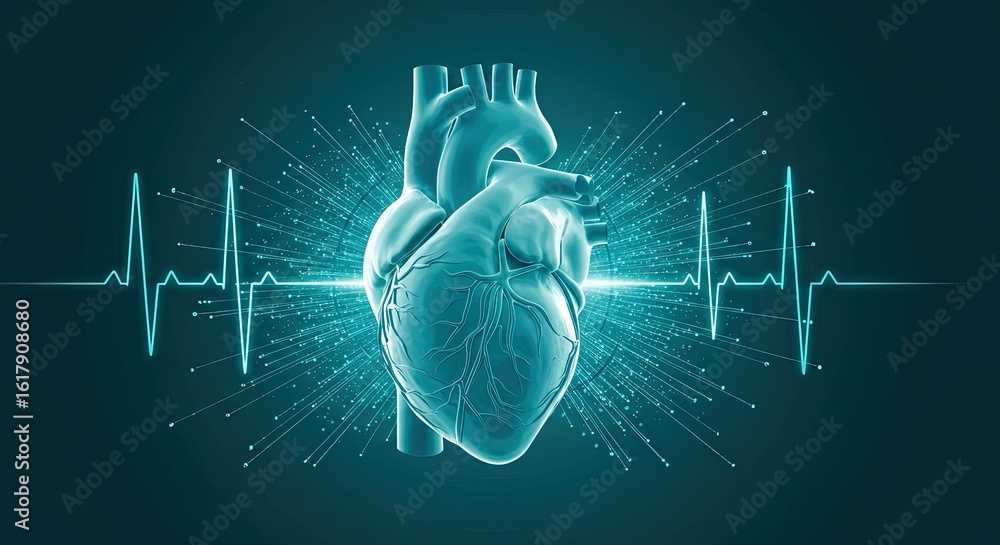 Poster a digital representation of a human heart with a pulsating cardiogram