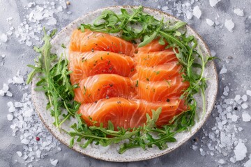 Smoked Salmon Plate Top View. Delicacy Dish with Fresh Arugula and Colourful Background