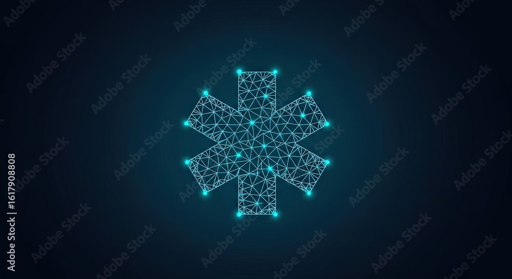 Poster a glowing blue asterisk symbol made of interconnected lines and dots on a dark background