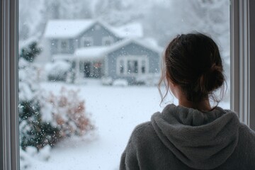 Snow Through Window. Beautiful Woman admiring Winter View from Cozy Home