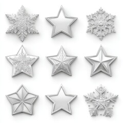 Snowflake Burst. Collection of Metal Stars on White Background for Web Icons and Badges