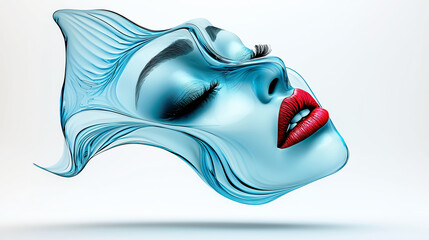Futuristic beauty concept with a surreal woman's face made of flowing blue liquid, symbolizing advanced technology and skincare.