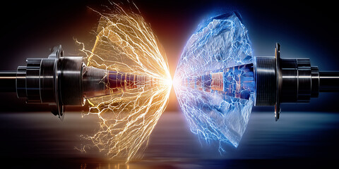 Concept of immense energy showing a powerful hot and cold electrical discharge between two futuristic machine parts, symbolizing fusion, power, and conflict.