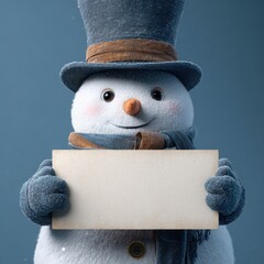 Snowman Top Hat. Posh Snowman in Cylinder Hat Holding Blank Board for New Year Party Celebration