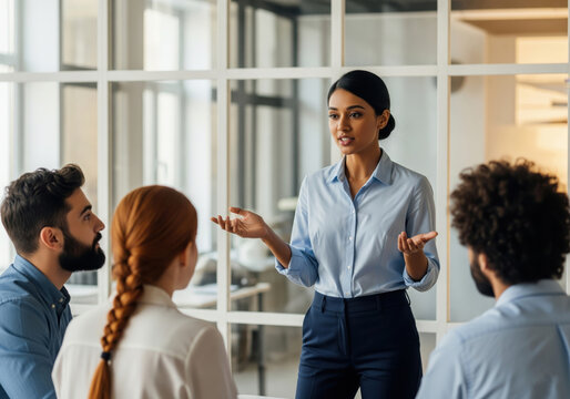 Diverse Business Team Led by Woman in Modern Office Meeting