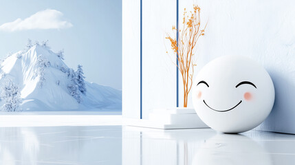 Cute smiling character in a minimalist modern interior with a view of a serene snowy mountain landscape, symbolizing peace and happiness.