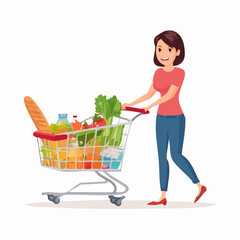 Vector art of a delivery worker collecting items for an online grocery order, pushing a cart through the supermarket