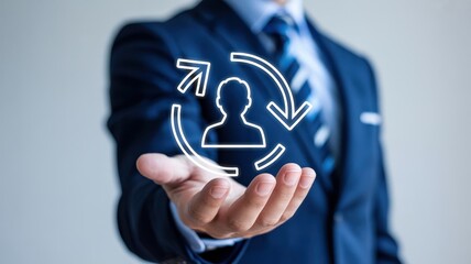 Optimizing Customer Lifecycle Management: A hand presenting a human silhouette surrounded by rotating arrows, illustrating continuous customer engagement and loyalty building strategies.