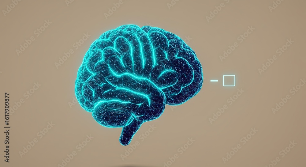 Poster a glowing cyan digital brain rests on a light brown background with a dash and square icon