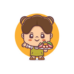 Cute girl with vegan food .cartoon characters and food