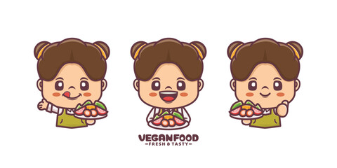 Cute girl with vegan food .cartoon characters and food