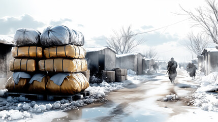 Humanitarian aid packages in a desolate winter village with soldiers on patrol, illustrating a crisis or relief efforts in a conflict zone.