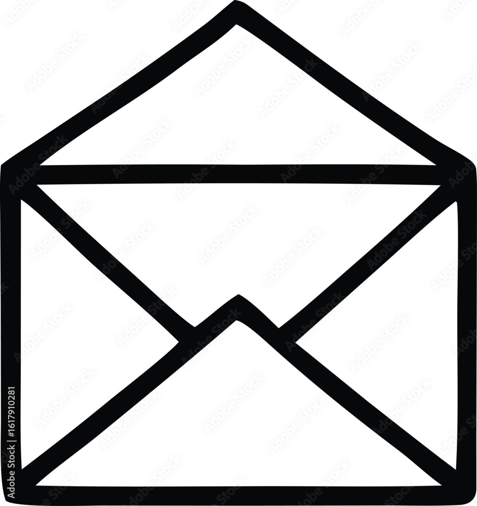 Poster simple hand drawn black outline of an open envelope with a folded down flap on a white background