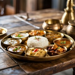 A brass tray holding several bowls of indian food and a mound of white rice on a wooden table