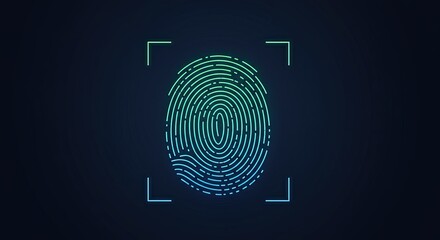 A neon fingerprint scan on a dark blue background