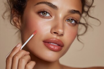 a female model with radiant skin applying liquid blush to her cheek using a soft applicator