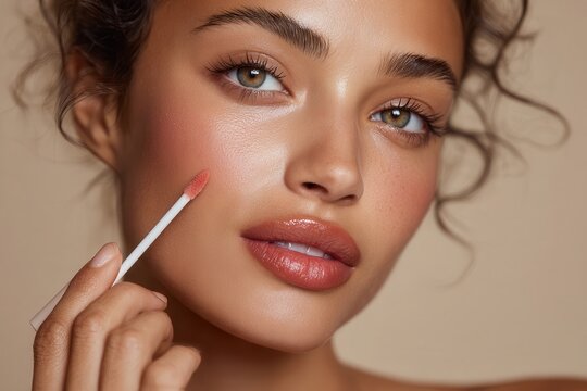 a female model with radiant skin applying liquid blush to her cheek using a soft applicator