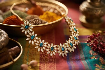 A close up of a gold necklace with blue stones on a colorful cloth with spices in a golden bowl near it