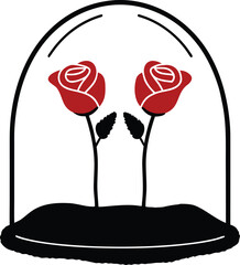 Two red roses under a glass dome flower bloom