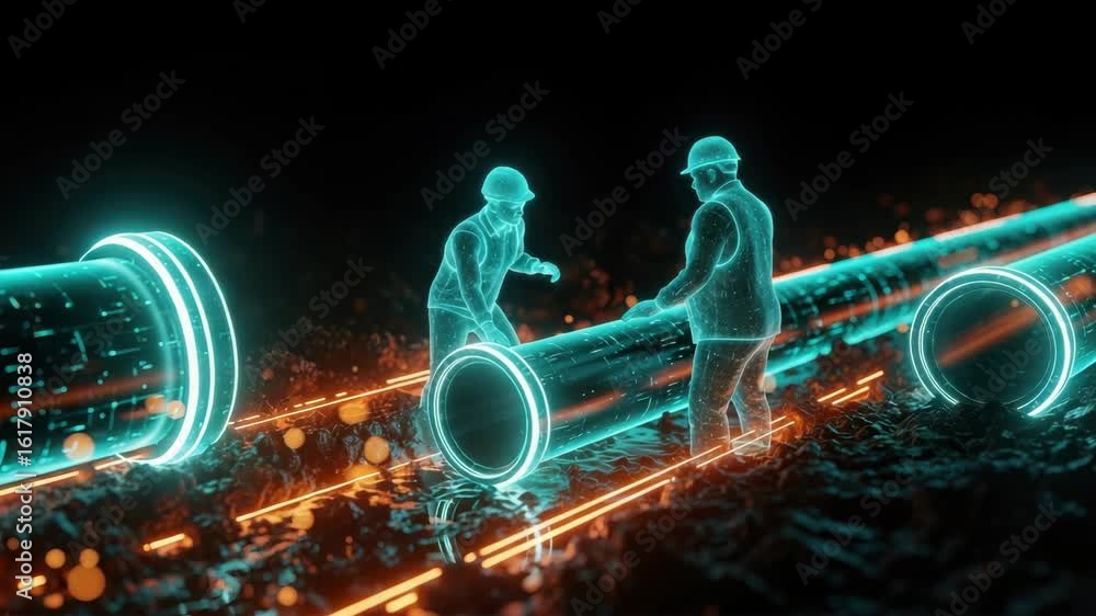 Poster two workers in futuristic helmets collaborating to install glowing digital pipes on a construction s