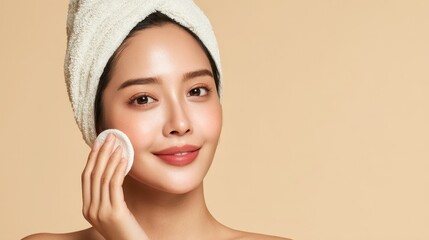 Spa Using Cotton. Asian Adult Woman Cleanses Beauty Face with Cotton Pads and Toner for Clean and Beautiful Skin