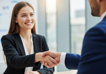 Smiling Businesswoman Shaking Hands in Modern Office Setting