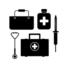 Hospital Essentials: Icons of Medical Tools and Machines on White.