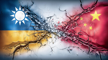 Geopolitical crisis concept showing a shattered wall with the flags of Taiwan and Ukraine versus the flag of China, symbolizing global conflict and alliances.