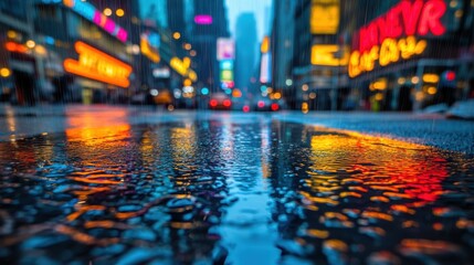 City skyline after rain urban landscape wet pavement reflections evening atmosphere dynamic perspective visual serenity