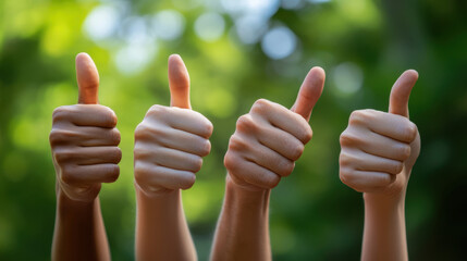 Diverse hands giving thumbs up outdoor setting closeup photography nature background positive gesture