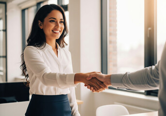 Smiling Businesswoman Shaking Hands in Modern Office Setting