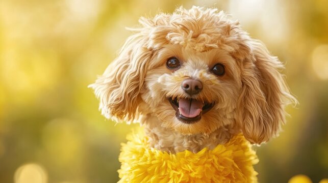 Cute dog wearing a yellow chick costume capturing attention in a sunny park environment