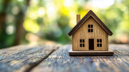 Planning real estate with a miniature house on wooden table in natural light environment
